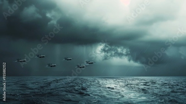 Fototapeta Six fighter jets fly across a brooding sky over a restless sea, their symmetrical formation adding to the organized intensity of the scene.