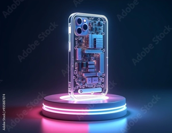Fototapeta A 3D phone symbol with a transparent design that shows internal components, placed on a futuristic-looking pedestal with neon lighting create with ai