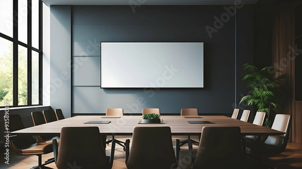 Fototapeta A minimalist boardroom setup with high-tech presentation equipment,