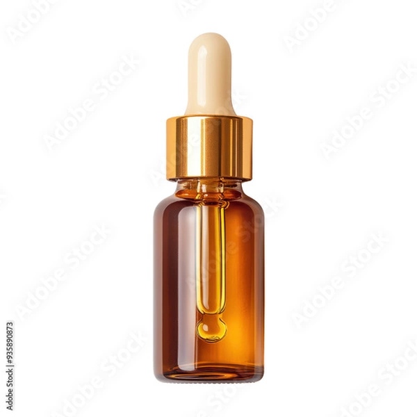 Fototapeta Elegant amber dropper bottle filled with luxurious serum isolated on a white background.