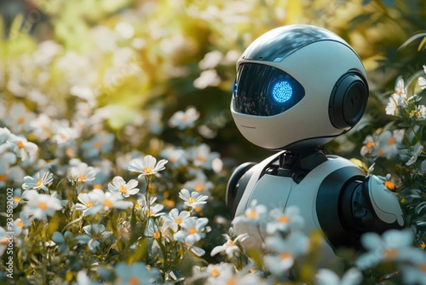 Fototapeta White robot among orange flowers in a serene garden, blending technology and nature. Evokes questions about ai's future integration