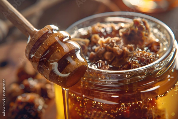 Obraz Honey dipper with fresh honeycomb in jar

