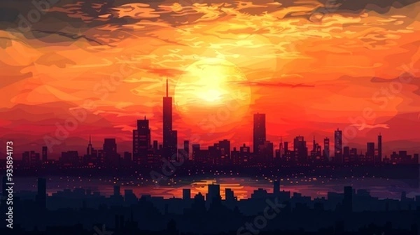 Fototapeta Cityscape Silhouette at Sunset with Orange and Red Sky