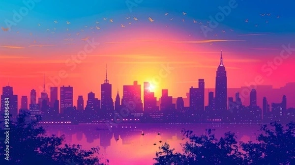 Fototapeta City Skyline at Sunset with Birds and Reflection