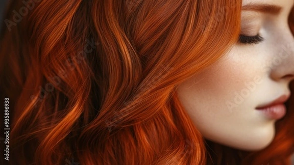Fototapeta A woman with flowing red hair is captured in profile, showcasing the rich color and texture as gentle light enhances her features.