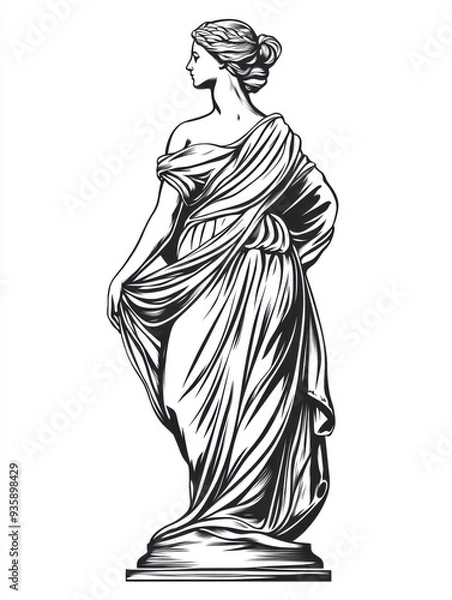Fototapeta Black and white Vintage engraved art of a classic half-body portrait statue of Aphrodite with flowing drapery, isolated on white background, ink sketch illustration, simple vector art design
