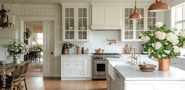 Fototapeta A classic farmhouse kitchen with white cabinets, copper poker lights and wood floors, a large island that opens to the dining room. Created with AI