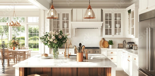 Fototapeta 3D rendering of a farmhouse kitchen with white cabinets, a marble countertop, and copper lighting fixtures. Created with AI