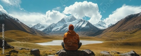 Fototapeta Person in an orange jacket seated on a rock, facing snow-capped mountains and a lake under a bright sky, enjoying nature's tranquility.