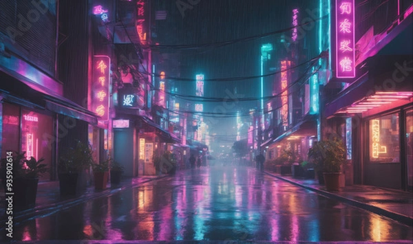 Obraz A wet city street is illuminated by neon signs at night