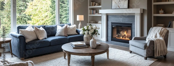 Fototapeta A cozy living room with plush blue sofas, soft white carpeting underfoot, and an elegant fireplace as the centerpiece of this home decor photography. Created with AI