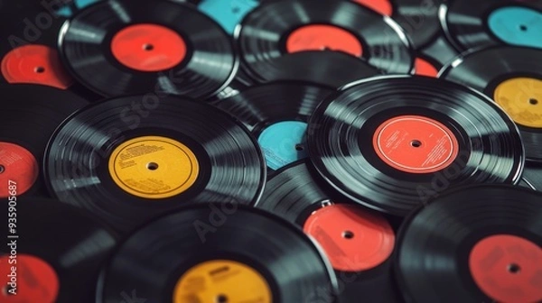 Obraz Vintage Vinyl Records Collection - Music Nostalgia - A close-up shot of a stack of vintage vinyl records, symbolizing music, nostalgia, retro, analog, and sound.