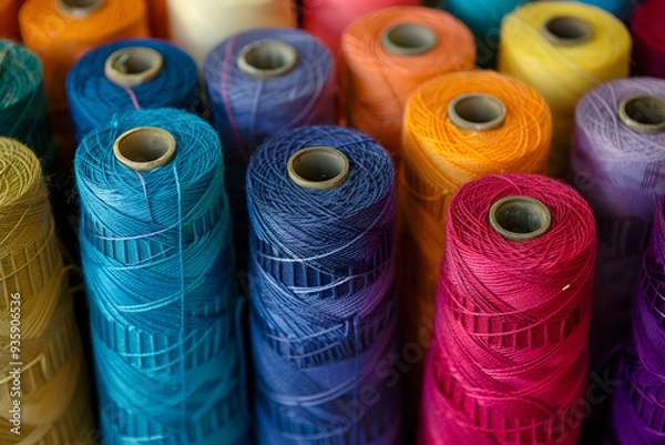 Obraz Colorful spools of yarn arranged in rows

