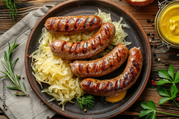 Fototapeta Tasty grilled Bratwurst Sausages with Mustard Served on Rustic Plate with Sauerkraut. Top view