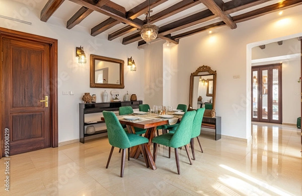 Fototapeta Modern dining room with a wooden table and green chairs, white walls, and beige tiles on the floor in an old Spanish villa with dark wood beams. Created with AI