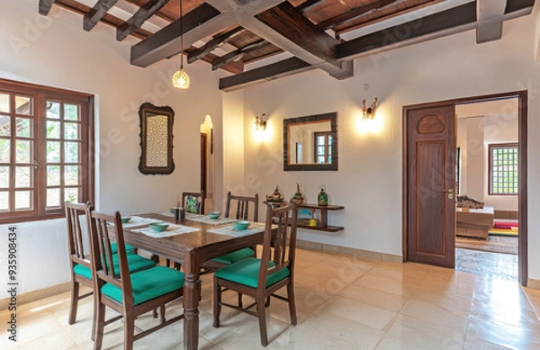 Fototapeta A photograph of an Indian dining room with a wooden table and chairs, white walls, green accents on the furniture. Created with AI