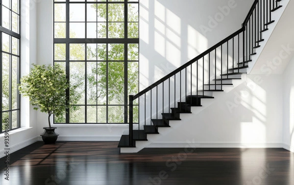 Fototapeta Black iron handrail, white walls, and a black wood floor in a modern house interior with a staircase. A large window on the side of the wall with a green tree outside. Created with AI