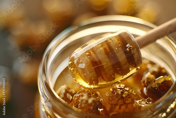 Obraz Close-up of honey dipper with fresh honeycomb

