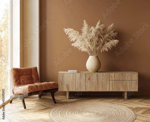 Fototapeta A hyper-realistic photograph of an interior design with terracotta walls, white oak flooring. Created with Ai