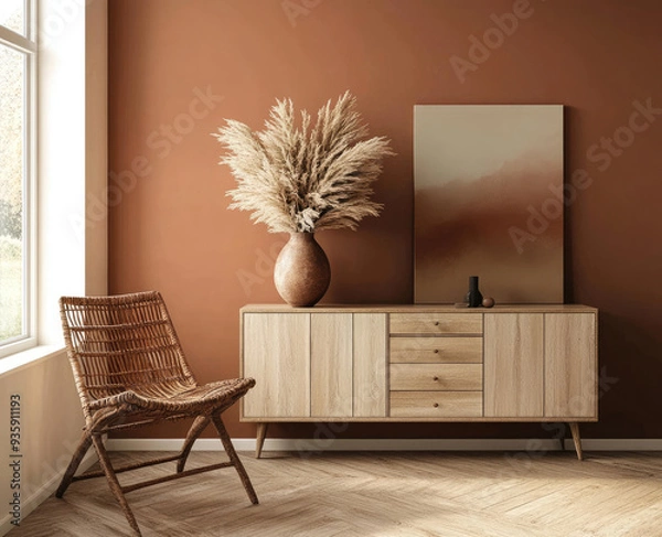 Fototapeta Modern cabinet, a sideboard with three drawers and one door on the right, in an oak wood color with a natural finish, Created with Ai