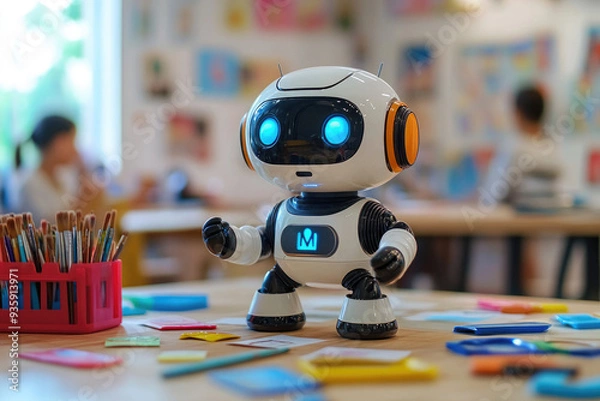 Fototapeta A humanoid robot is in a kindergarten classroom, helping the teacher teach drawing lessons.