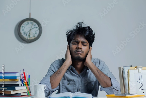 Obraz Stressed student overwhelmed with studies at desk

