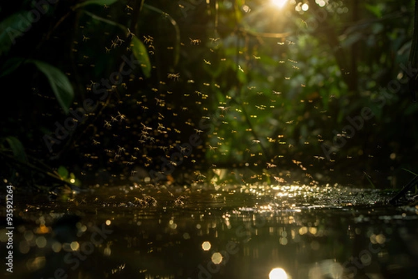 Obraz Sunlit forest pond with flying insects at dusk

