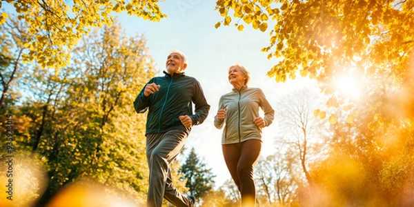 Obraz Retired couple running and enjoying a forest park trail keeping up exercise and enjoying life