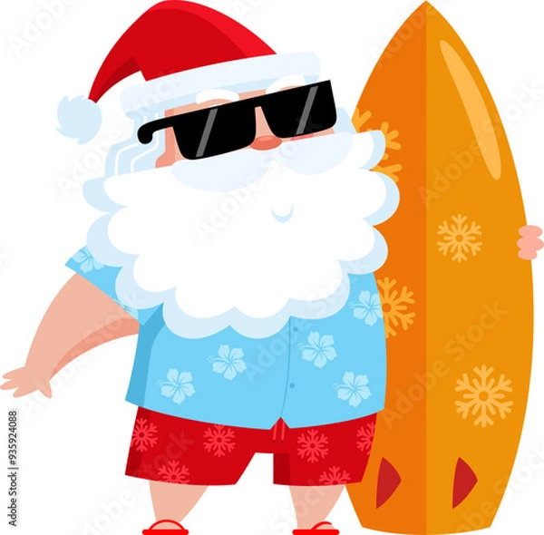 Fototapeta Summer Santa Claus Cartoon Character With A Surfboard On The Beach. Vector Illustration Flat Design Isolated On Transparent Background