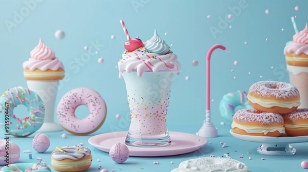 Obraz Delicious Dessert Spread with Milkshake, Donuts, and Whipped Cream.