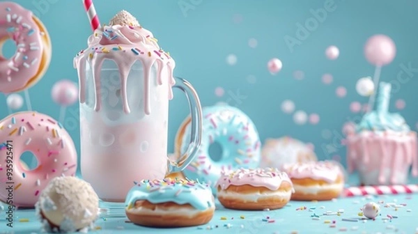 Obraz Pink and blue donut milkshake with sprinkles.