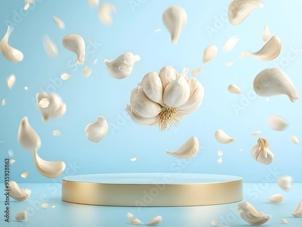 Obraz Floating Garlic Cloves on Minimalist Pedestal – Elegant Culinary Composition