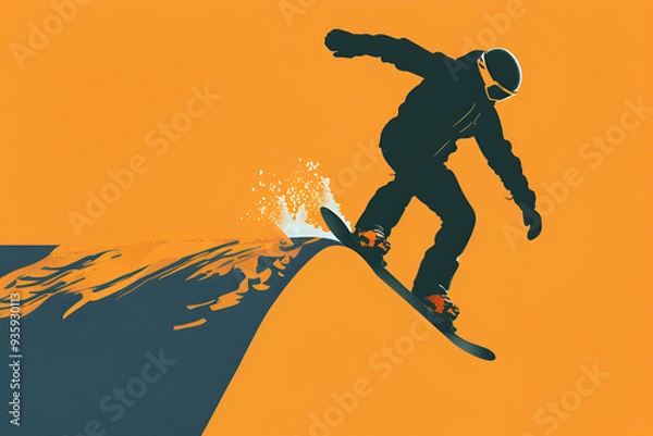 Obraz Stylized silhouette of snowboarder on a slope

