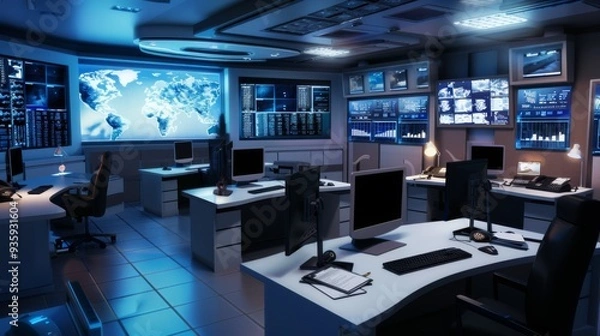 Fototapeta A high-tech office space with numerous computer displays showcasing global data, resembling a command center with an advanced monitoring setup.
