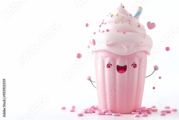 Obraz Cute Pink Milkshake Character With Sprinkles.