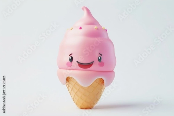 Obraz Cute cartoon ice cream cone with a happy face.