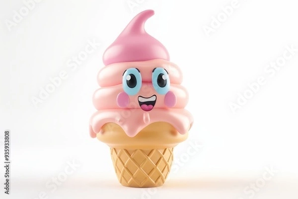 Obraz Cute Cartoon Ice Cream Cone with Big Eyes Smiling.