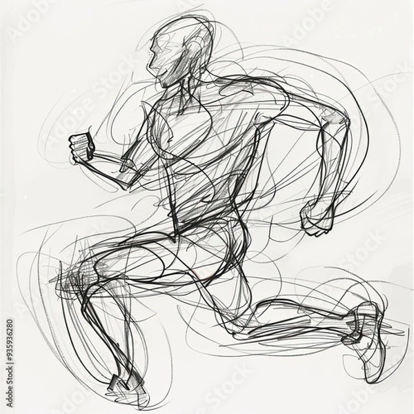 Obraz outline of a marathon runner running toward the viewer filled in with scribbles. Continuous line drawing.