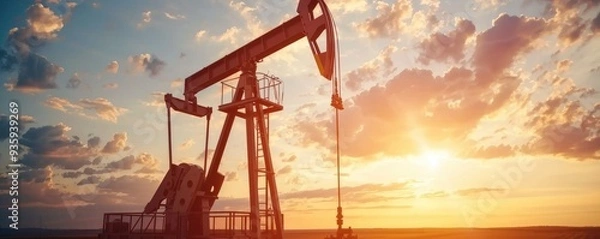 Fototapeta Oil pumpjack working in an open field extracting crude oil under a dramatic sunset sky, highlighting the fossil fuel industry and energy production..