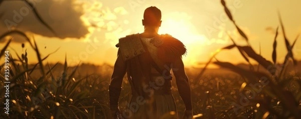 Fototapeta soldier standing in a field of red flowers, lit by the warm glow of an orange sunset over the horizon