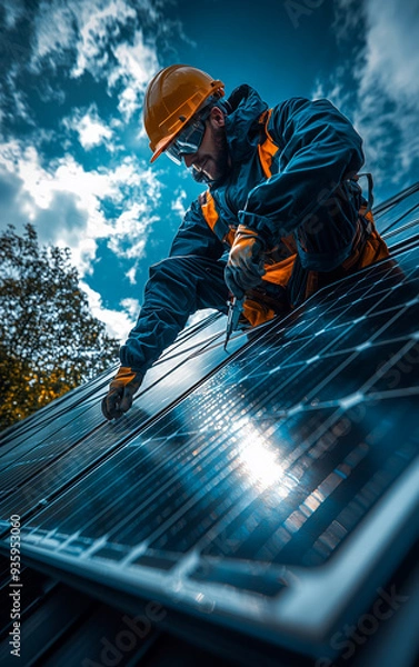 Fototapeta Worker installs solar panels on a rooftop under a bright sky. A technician carefully installs solar panels on a rooftop while surrounded by trees and a vibrant blue sky during the day.