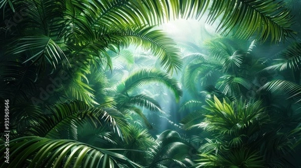 Fototapeta A leafy green forest with a large fern in the middle