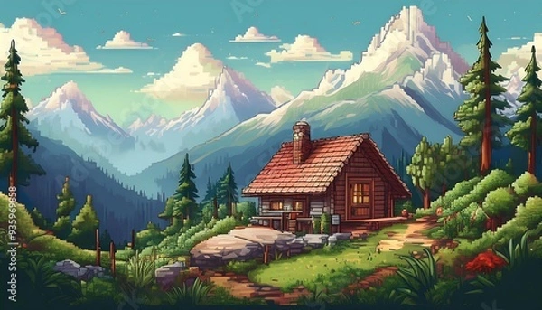 Fototapeta Mountain adventure poster - A pixel art scene of a small mountain hut or cabin with a surrounding landscape. Graphic art illustration