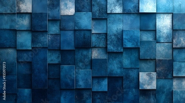 Fototapeta checkered pattern, blue tones, varying shades of blue, light and dark squares, textured background, vintage paper effect, grunge texture, geometric design.