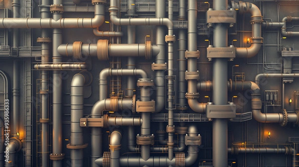 Fototapeta A close up of a pipe system with many pipes and valves