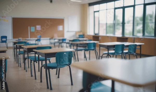 Fototapeta Empty desks and chairs sit in a classroom waiting for students