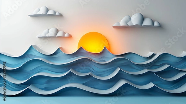 Fototapeta 3D Flat Icon: Morning and Evening Coastline Timelapse View with Dreamy Background   Rhythmic Beauty of the Sea on Isolated White, Ideal for TextGraphics