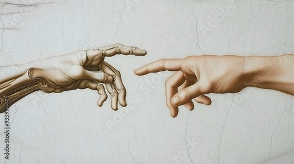 Fototapeta Bridging Realities: Human and AI Hands Reach for Connection 