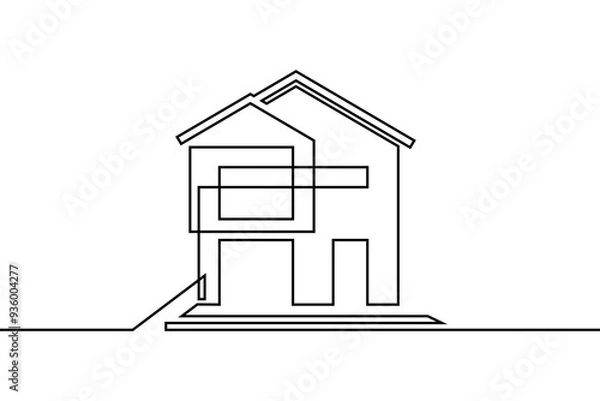 Fototapeta Abstract house in continuous line art drawing style. Two-storey family home with big terrace black linear design isolated on white background. Vector illustration