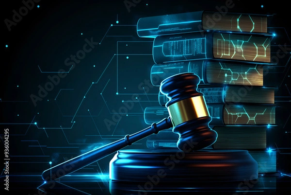 Obraz A legal gavel and a stack of books, with AI technology